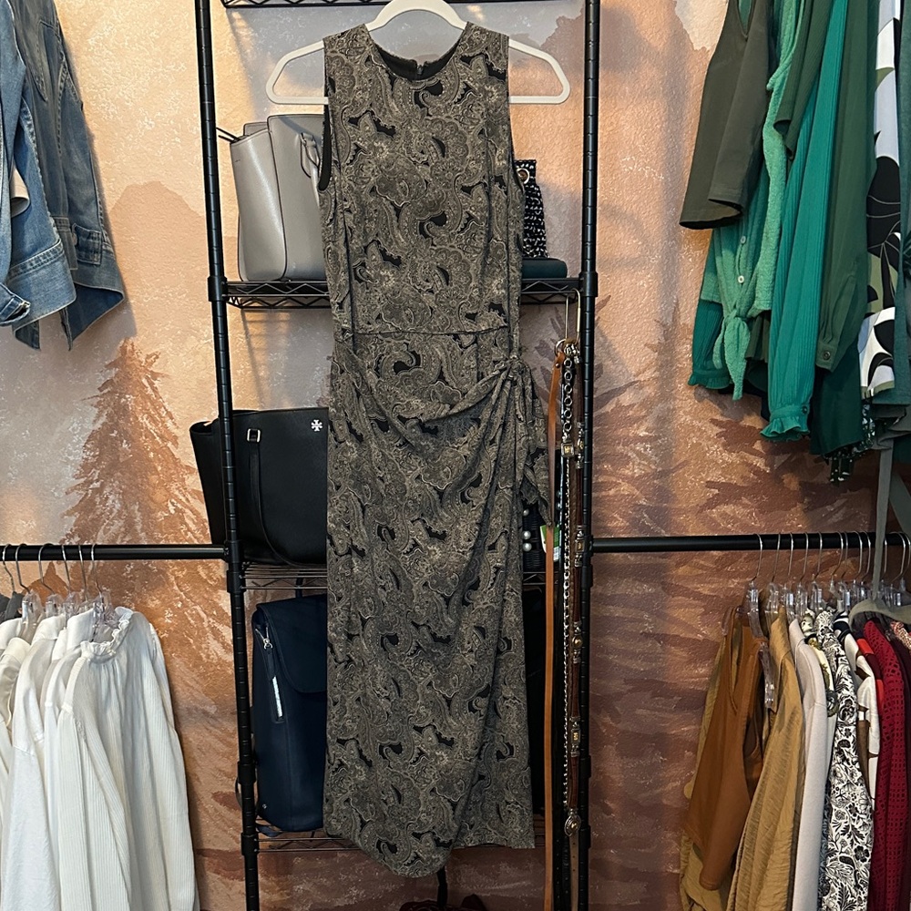 Sleeveless Olive & Black Paisley Maxi Dress with Side Gather